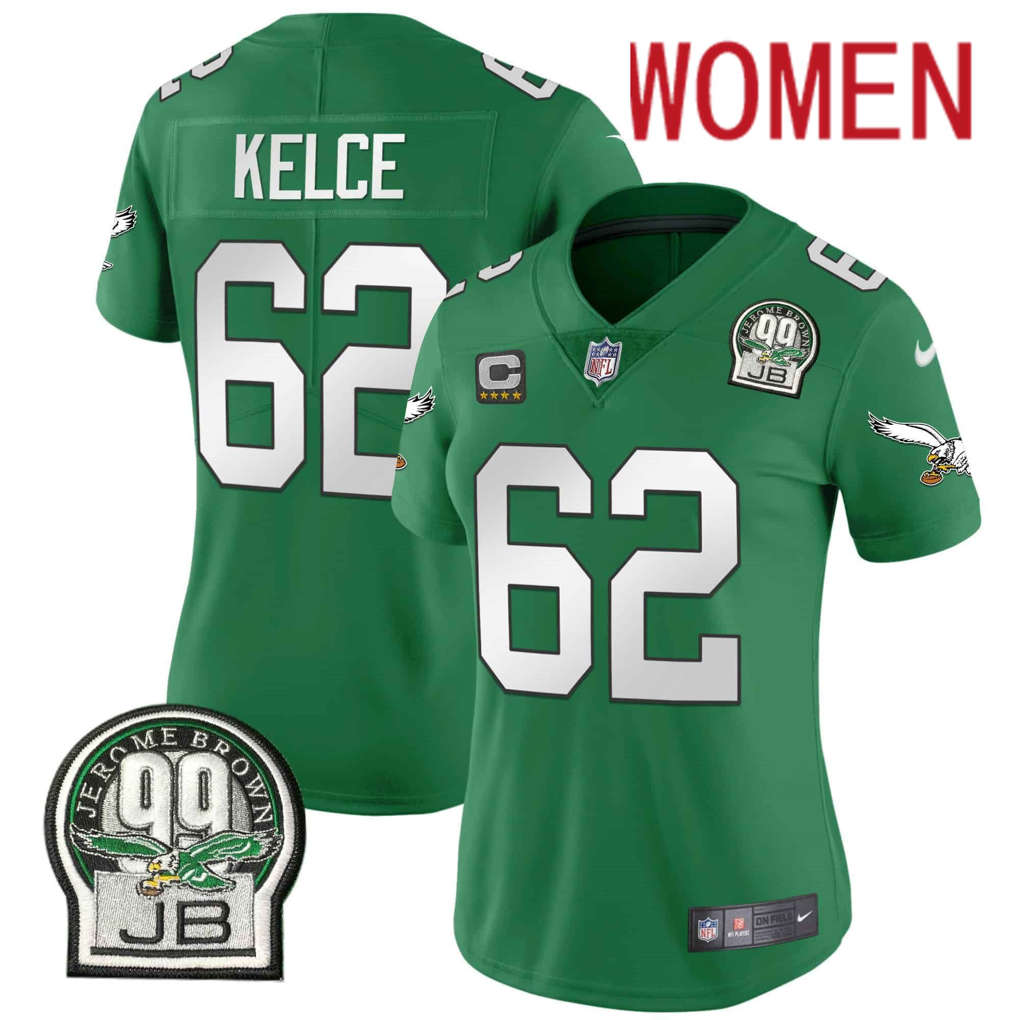 Women Philadelphia Eagles #62 Kelce Green 2024 Nike Jerome Brown Patch Alternate Limited NFL Jersey style 1